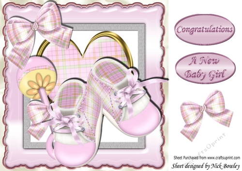 Baby Girls Shoes & Rattle on a pretty pink heart 8x8