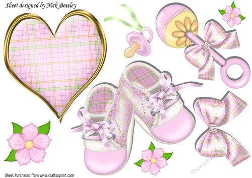 Baby Girls Shoes & Rattle pretty pink heart & flowers  A4