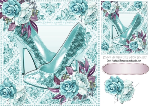 Pretty  painted roses in sparkle frame with turq shoes 8x8