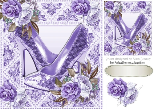 Pretty  painted roses in sparkle frame with purple shoes 8x8