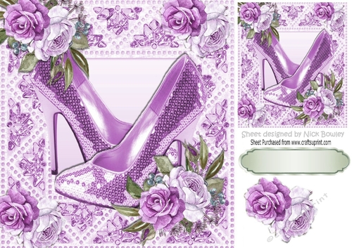 Pretty  painted roses in sparkle frame with lilac shoes 8x8