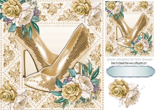 Pretty  painted roses in sparkle frame with gold shoes 8x8