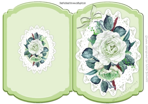 Pretty green painted roses on lace folded  quick card