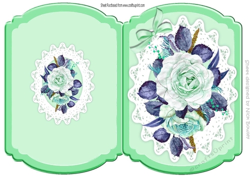 Green painted roses on lace cut and fold quick card