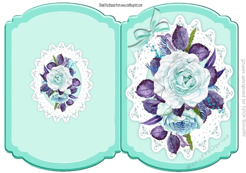 Turq painted roses on lace cut and fold quick card