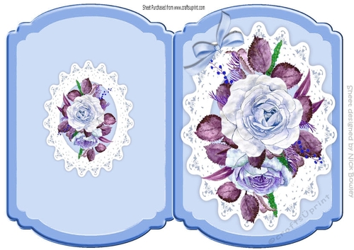 blue painted roses on lace cut and fold quick card