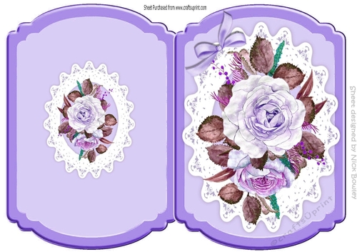 purple painted roses on lace cut and fold quick card