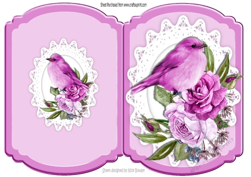 Pretty pink bird  on lace with pink painted roses cut and fold