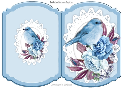Pretty blue bird  on lace with pink painted roses cut and fold