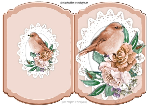 Pretty brown bird  on lace with pink painted roses cut and fold