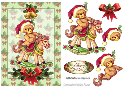 Teddy Bear in santa hat on rocking horse A5