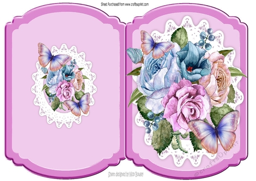 Lovely butterflies adorning hand painted roses on lace cut and fold card