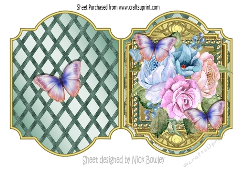 Pretty painted roses with butterflies on gold lattice ornate frame cut and fold card