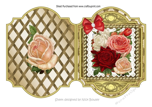Pretty coloured garden roses on lace on gold lattice cut and fold card