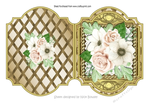 Pretty painted cream roses on gold lattice cut & fold card