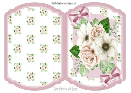 Painted cream roses with bows on bracket cut and fold card