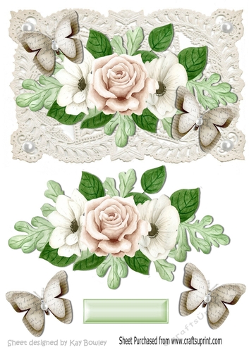 Painted roses and paper butterflies on vintage lace with pearls