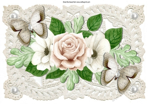Painted roses and paper butterflies on vintage lace with pearls A4