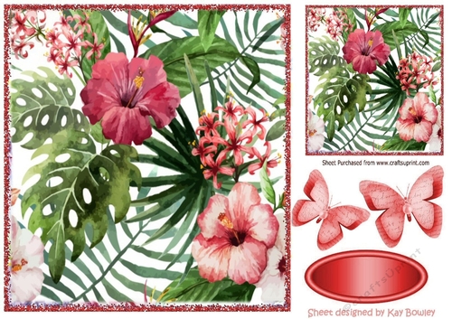 Pretty garden flowers in red, with paper butterflies