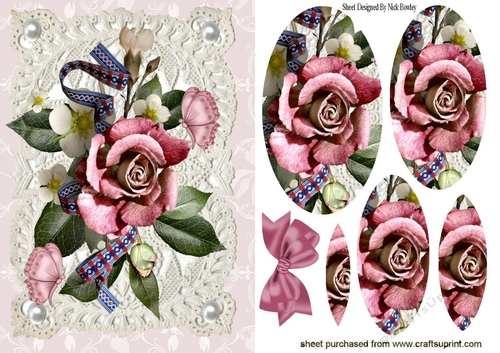 Vintage Roses in pink with bow and ribbons, butterflies on old lace with pearl oval pyramids