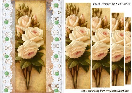 Cream wedding roses on vintage lace with pearls pyramids