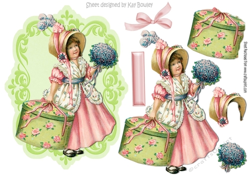 Pretty little vintage lady carrying hat box with bow
