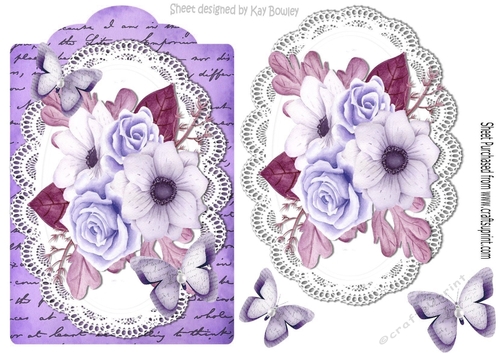 purple painted roses and paper butterflies on script topper & lace
