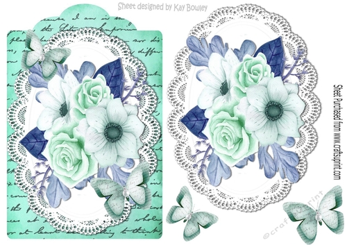 turq painted roses and paper butterflies on script topper & lace
