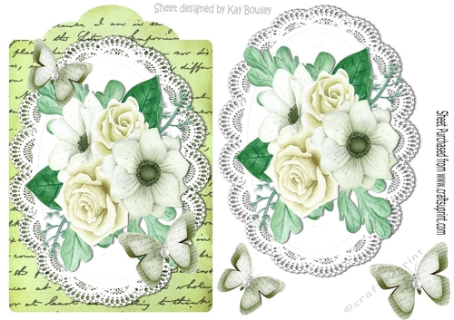 green painted roses and paper butterflies on script topper & lace