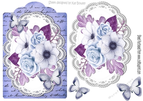 lilac painted roses and paper butterflies on script topper & lace