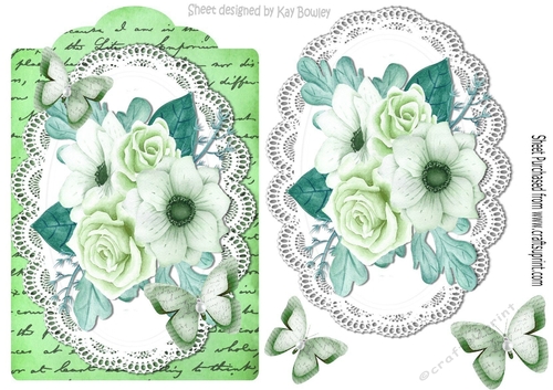 jade painted roses and paper butterflies on script topper & lace