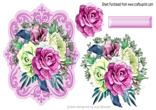 Pretty painted pink and white roses on ornate frame/topper