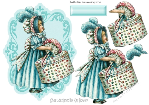 Pretty little vintage lady carrying hat box with flowers