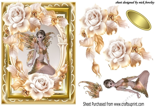 Pretty Gold faerie with roses in irnate frame