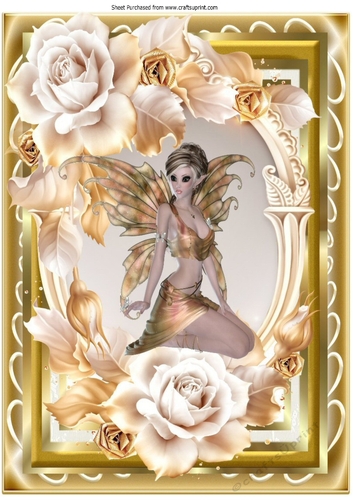 Pretty Gold faerie with roses in ornate frame A4