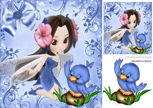Pretty Bluebell faerie with little blue bird 8x8