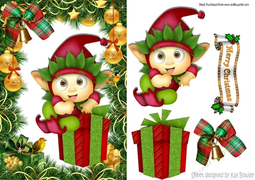 Cheeky santa elf sitting on present in christmas frame