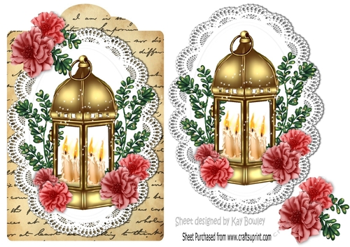 Pretty Gold lantern with flowers on lace on script topper