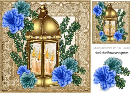 pretty gold lantern with candles and  flowers in ornate frame 8x8