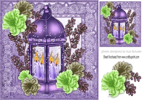 pretty purple lantern with candles and  flowers in ornate frame 8x8