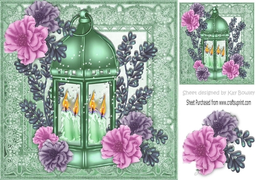 pretty green lantern with candles and  flowers in ornate frame 8x8