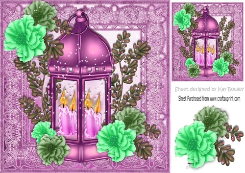 pretty pink lantern with candles and  flowers in ornate frame 8x8