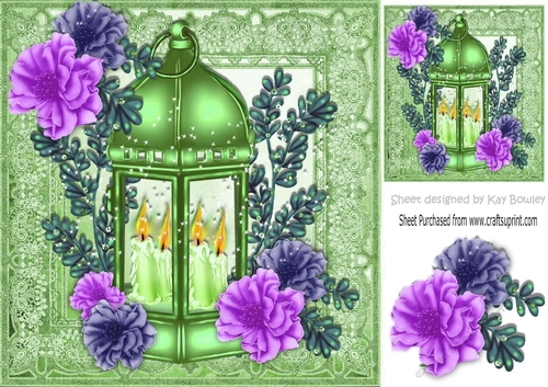 pretty lime  lantern with candles and  flowers in ornate frame 8x8