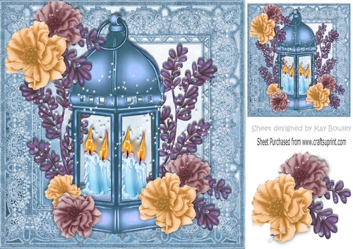 pretty blue lantern with candles and  flowers in ornate frame 8x8