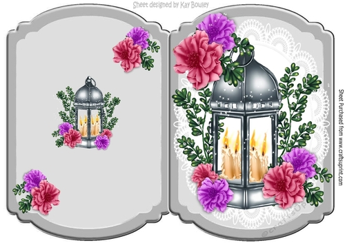 Pretty silver and lace bracket card with lantern & candles A5
