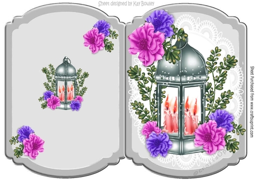Pretty silver and lace bracket card with lantern & candles pink flowers  A5