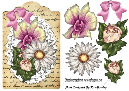 pretty painted flowers on lace on a script tag