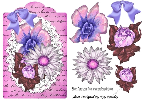 pretty painted pink flowers on lace on a script tag