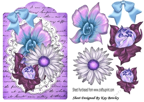 pretty painted purple flowers on lace on a script tag