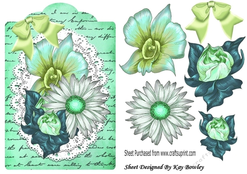 pretty painted turq flowers on lace on a script tag